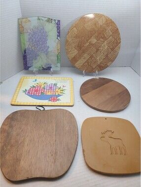 Lot of 6 Vintage Trivets - Glass, Wooden, Metal, Grapes Floral, Woodgrain